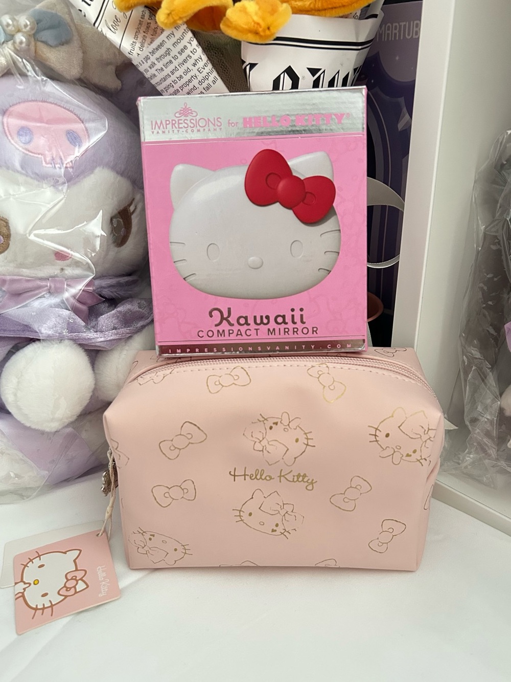 Hello Kitty Pink Kawaii Cosmetic Pouch and Impressions Compact Mirror